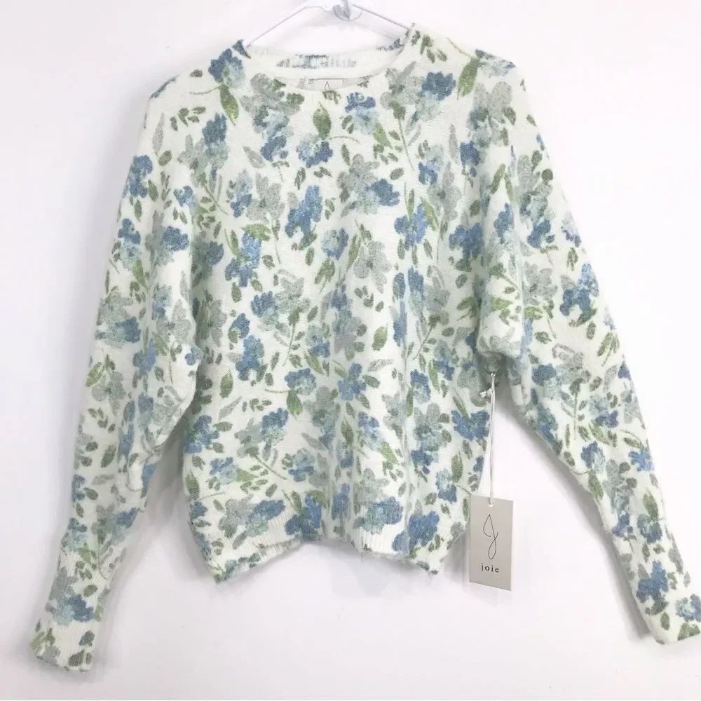 JOIE Blue Green Floral Fuzzy White Crew Neck Pullover Spring Sweater NEW